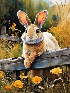 a painting of a rabbit sitting on a fence