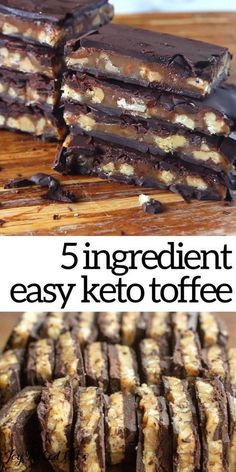 an easy keto toffe recipe with chocolate and walnuts on top, then cut in half