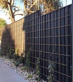 a black fence with rocks and plants on the side next to it in front of a tree