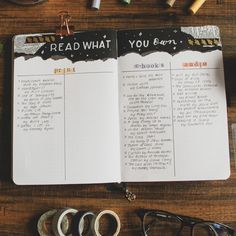 an open book sitting on top of a wooden table next to some scissors and other items