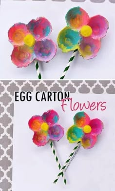 an egg carton flower made out of paper and straws with the words egg carton flowers painted on it