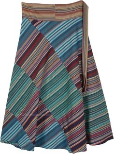 Patchwork Green Blue Striped Wrap Skirt in Woven Cotton | Multicoloured | Wrap-Around-Skirt, Patchwork, Striped, Bohemian Multicolor Cotton Wrap Skirt For Spring, Multicolor Long Lined Wrap Skirt, Spring Multicolor Cotton Wrap Skirt, Multicolor Long Cotton Wrap Skirt, Summer Patchwork Wrap Skirt, Multicolor Patchwork Midi Skirt, Blue Cotton Patchwork Skirt, Skirt Patchwork, Divided Skirt