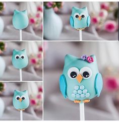 four pictures of an owl lollipop with blue frosting and flowers in the background