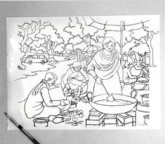 a black and white drawing of people cooking