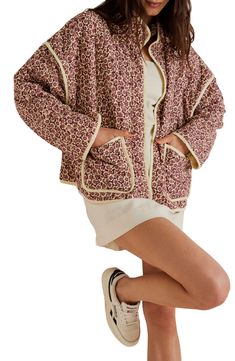 A quilted, boho-inspired jacket features a slouchy silhouette with a vibrant floral print and defined piping for a unique cold-weather look. 25" length (size Medium) Front hook-and-eye closure Stand collar Drop-in pockets Lined, with polyester fill 100% cotton Dry clean or machine wash, tumble dry Imported Puffy Cardigan, Blusas Crop Top, Quilted Coats, Cropped Puffer Jacket, Puffy Coat, Quilted Puffer Jacket, Patchwork Jacket, Quilt Jacket, Floral Jacket