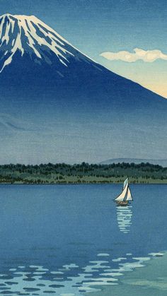 a painting of a sailboat in the water with a mountain in the background