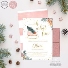 a pink and gold christmas card with the words oh what fun on it