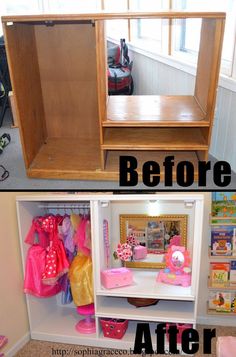 two pictures side by side one shows the inside and outside of a doll's closet