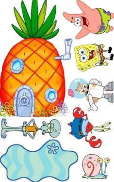 the spongebob house is surrounded by other cartoon characters