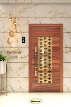 the front door is decorated with wood and gold accents, along with a potted plant