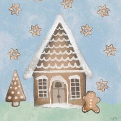 a painting of a gingerbread house with stars in the sky