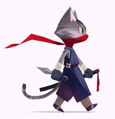 a cartoon cat with a red scarf around its neck and two swords in his hand