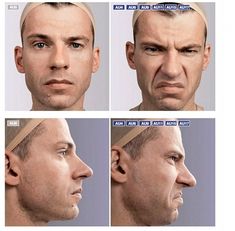 four different views of a man's face with multiple facial expressions, including the nose and head