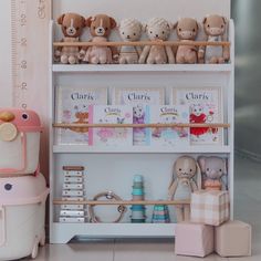 there are many stuffed animals and toys on the shelf next to each other in this children's room