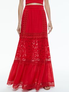 Reise Embroidered Tiered Maxi Skirt In Bright Ruby Lace Skirt With Lace Work, Red Maxi Length Bottoms For Spring, Red Full-length Maxi Skirt For Summer, Red Lace Trim Summer Bottoms, Elegant Red Lace Bottoms, Intricate Crochet, Ruby Color, Delicate Embroidery, Tiered Maxi Skirt