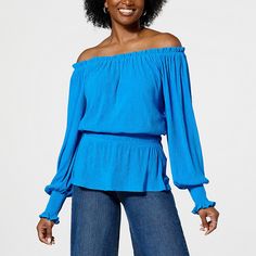 G by Giuliana Off-The-Shoulder Smocked Blouse  The smocked, off-shoulder optional design of this peasant-style blouse creates a casual-chic, Boho-inspired look that adapts to whatever pairing you prefer. Smocked Blouse, Smock Blouse, Fitted Blouses, Peasant Style, Style Blouse, Draped Fabric, Blouse Pattern, Lifestyle Brands, Casual Chic