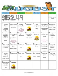 a calendar with the words august and hamburgers on it, as well as an image of