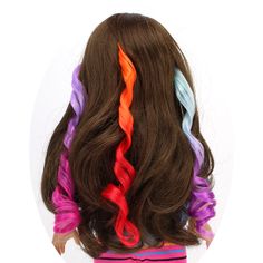 ADORABLE, COLORFUL FUN: Not ready to let your little one dye a bright rainbow streak in their hair? Bring some color in a safe, fun way with these curly ombre hair extensions, designed to fit both a child's head and their 18" doll! INCLUDED: This super cute accessory set includes three metal snap clips with vivid ombre strands of long curly hair. Perfect for any mood or style, one clip features lavender that fades to pink, another showcases orange deepening to red, and the last one slowly blends Curly Ombre Hair, Rainbow Hair Extensions, Curly Ombre, Clip In Hair Pieces, Red Lavender, Strands Of Hair, Orange Lavender, Curly Clip Ins, Ombre Hair Extensions