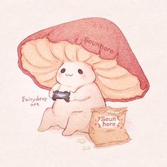 a drawing of a mushroom with a bag of stuff in it's lap next to it