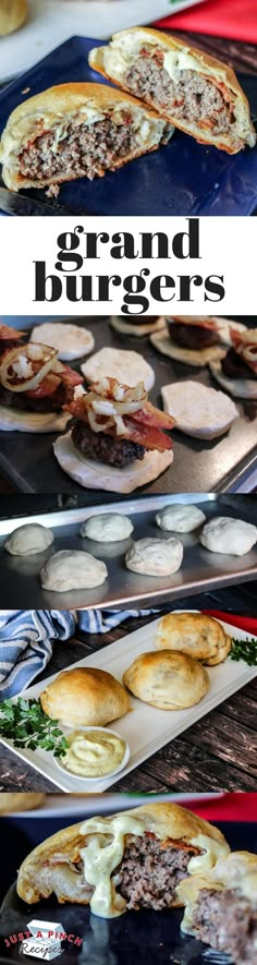 there are several different types of burgers on the tray and in front of them