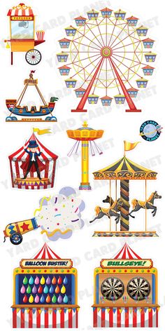 Carnival and Circus Fun Yard Card Flair Set Carnival Doodles, Fair Signage, Carnival Theme Decor, Carnival Drawing, Circus Cannon, Circus Games, Pirate Ship Ride, Carnival Images, Circus Game