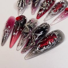 LM012 Gothic Black and Red Halloween Nails Silver Charms Decorated Nails Cross Goth Nails Handpainted Press on Nails - Etsy Black Fingernails, Long Almond, Halloween Press On Nails, Gothic Cross, Goth Nails, Grunge Nails, Pretty Gel Nails, Great Nails, Short Acrylic Nails Designs