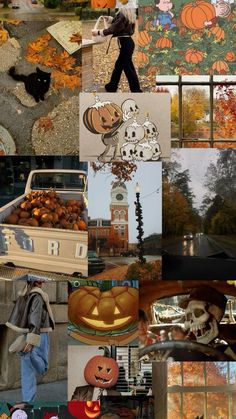 a collage of pumpkins, jack - o'- lanterns and other things