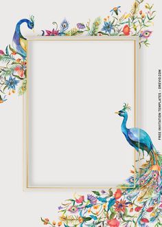 a watercolor painting of two peacocks and flowers with a gold frame in the middle