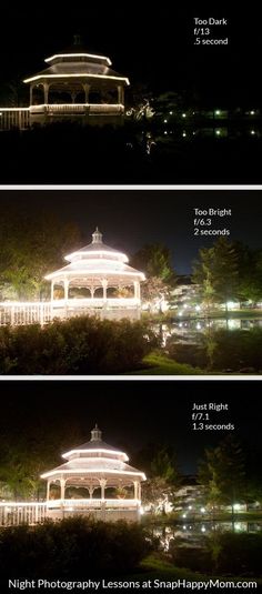 three different views of a gazebo lit up at night