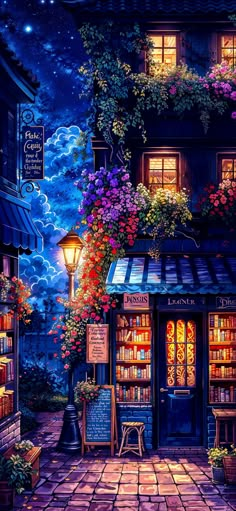 a painting of a book store with flowers on the window sill and bookshelves