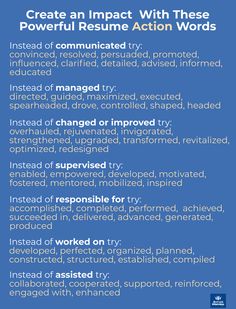 a blue background with the words create an impact with these powerful resume action words