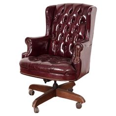 Polished Executive Burgundy Button Back Chesterfield Revolving Desk Chair Leather Upholstery With Tilt Action & Adjustable Seat Height Luxurious highly polished, extremely comfortable leather office executive revolving chair made by Excel contract furniture, Hickory North Carolina. Advocate Office, Revolving Chair, Hickory North Carolina, Writing Studio, Office Executive, Leather Office, Contract Furniture, Leather Chair, Desk Chair