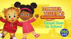 an advertisement for daniel tiger's neighborhood with two children in front of a yellow background