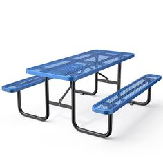 a blue picnic table with two benches on each side and one bench at the end