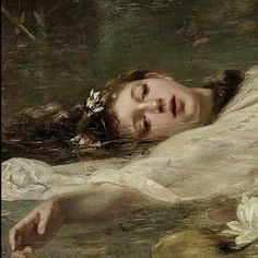 a painting of a woman laying in the water with her head down and eyes closed