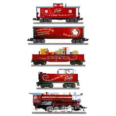 three red train cars with coca cola on the front and side, all in different colors