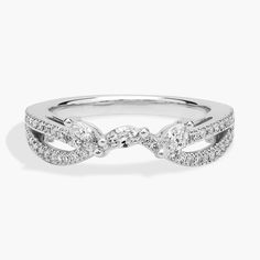 a white gold ring with two rows of diamonds on the band and an intertwined design