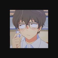 an anime character with glasses holding a cell phone up to his face and looking at the camera