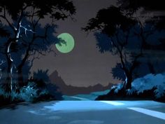 an animated scene of a road at night with the moon in the sky and trees