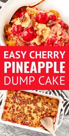 easy cherry pineapple dump cake in a casserole dish with text overlay