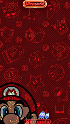 the mario bros wallpaper is red and has many symbols on it, including an image of