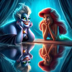 the little mermaid is looking at her reflection in the water