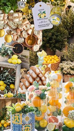 a collage of lemons, oranges and other food items on display at a market