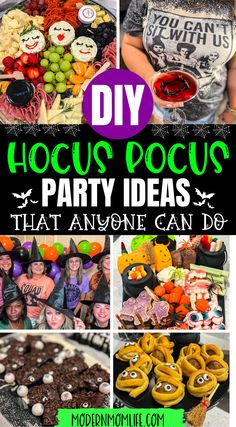 there are many different pictures with words on them that say hoccus pocus party ideas