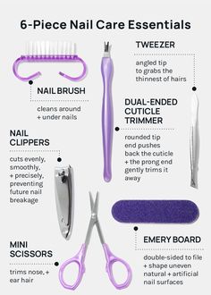 This kit contains everything you need to take care of your nails. File, clip, + care for your cuticles to keep your nails looking clean + neat on the go. 6 easy tools for fast nail care: Nail Brush: cleans around + under nails. Dual-Ended Cuticle Trimmer: rounded tip end pushes back the cuticle + the prong end gently trims it away. Nail Clippers: cuts evenly, smoothly, + precisely, preventing future nail breakage. Mini Scissors: trims nose, + ear hair. Emery Board: double-sided to file + shape u Nail Care Tools And Equipment Drawing, How To Clip Nails, Best Nail Care Products, Nail Care Set, Nails Products Tools, Nail Kit Aesthetic, Nail Tools Kit, Nail Essentials Products, How To Clean Nails