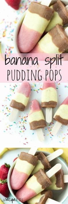 banana split pudding pops on a plate with sprinkles