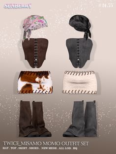 four different types of clothes and accessories for the female character, including boots, hats, scarf