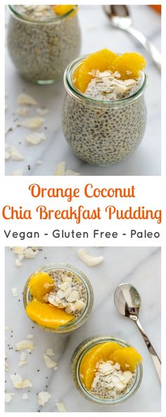 orange coconut chia breakfast pudding in small glass jars with spoons on the side