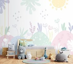 a child's room with colorful wallpaper and stuffed animals on the floor in front of it