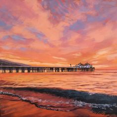 an oil painting of a pier at sunset